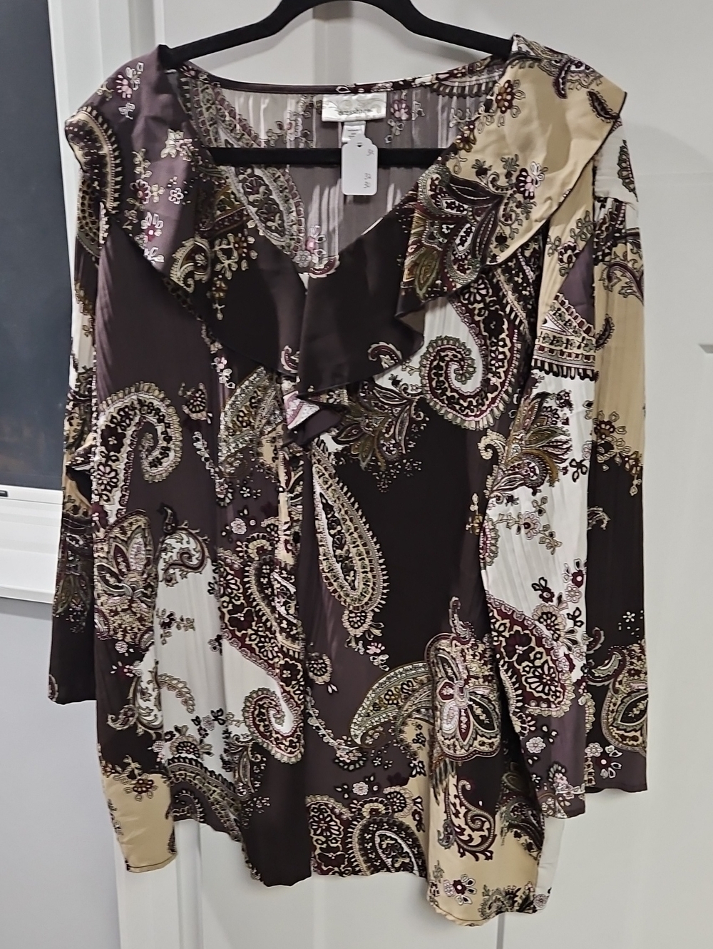 Dress Barn Paisley Ruffle-Neck Blouse in Brown and Cream
